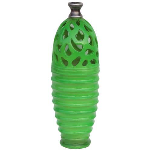 15" Lime Green and Gray Shiny Contemporary Outdoor Patio Cutout Bottom Vase
