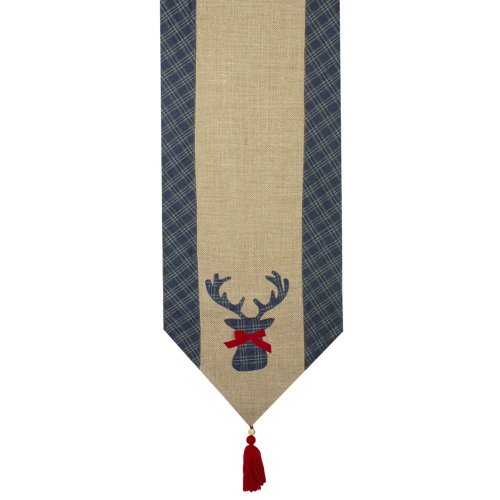 80" Blue and Brown Burlap and Plaid Reindeer Christmas Table Runner