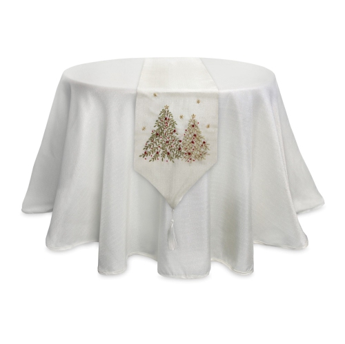 13" Cream White and Silver Colored Christmas Tree Embroidered Table Runner