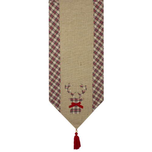 36" Red and Brown Burlap and Plaid Reindeer Christmas Table Runner