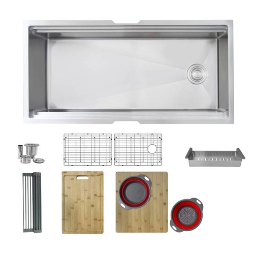OPEN BOX A - Undermount 39" Workstation Single-Bowl 16 Gauge Stainless Steel Kitchen Sink with Accessories included, S-639W