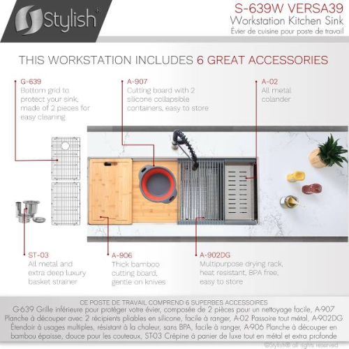 OPEN BOX A - Undermount 39" Workstation Single-Bowl 16 Gauge Stainless Steel Kitchen Sink with Accessories included, S-639W