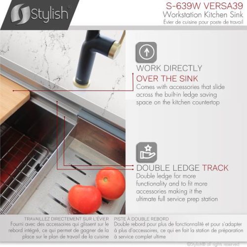OPEN BOX A - Undermount 39" Workstation Single-Bowl 16 Gauge Stainless Steel Kitchen Sink with Accessories included, S-639W