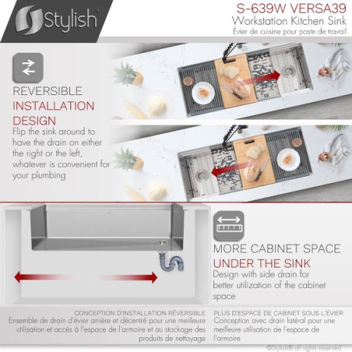 OPEN BOX A - Undermount 39" Workstation Single-Bowl 16 Gauge Stainless Steel Kitchen Sink with Accessories included, S-639W