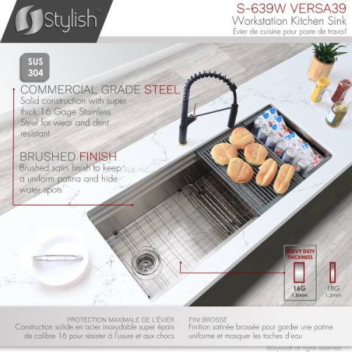 OPEN BOX A - Undermount 39" Workstation Single-Bowl 16 Gauge Stainless Steel Kitchen Sink with Accessories included, S-639W