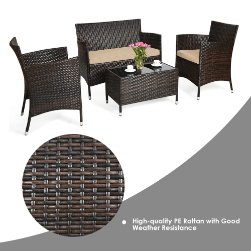 Gymax 4PCS Patio Rattan Conversation Furniture Set Outdoor w/ Brown & Grey Cushion