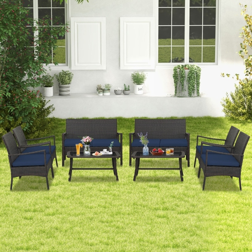 GYMAX  8 Pieces Outdoor Patio Pe Wicker Sofa W/ Tempered Glass Coffee Table for Porch & Backyard