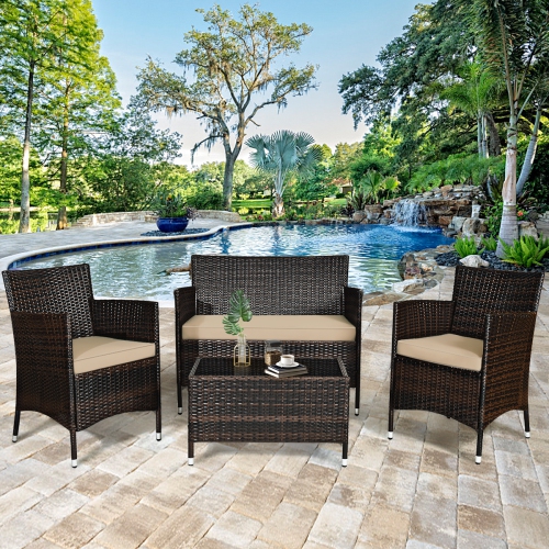 Gymax 8PCS Patio Rattan Conversation Furniture Set Outdoor w/ Brown & Grey Cushion