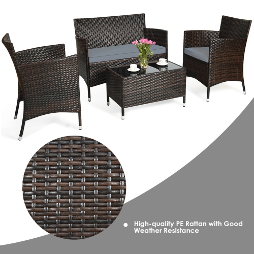 Gymax 8PCS Patio Rattan Conversation Furniture Set Outdoor w/ Brown & Grey Cushion