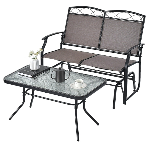 GYMAX  2 PCs Patio Glider Conversation Set Outdoor Loveseat Glider Chair W/ Tempered Glass Coffee Table