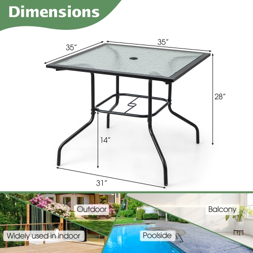 Gymax 35'' Patio Dining Table Square Outdoor Dining Table w/ Tempered Glass Tabletop Black