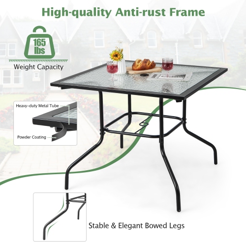 Gymax 35'' Patio Dining Table Square Outdoor Dining Table w/ Tempered Glass Tabletop Black