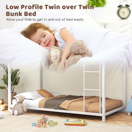 Gymax Twin Over Twin Low Metal Bunk Bed with Ladder Guardrails for Teens Adults