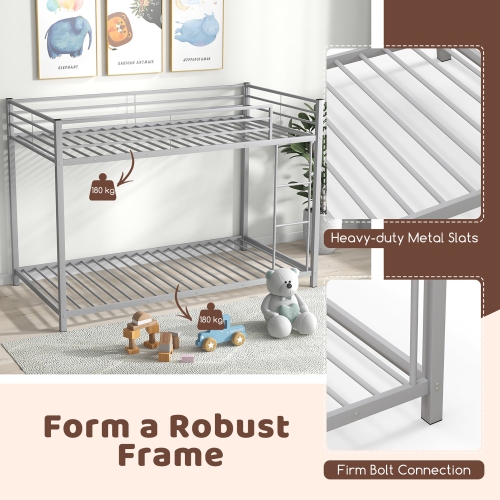 Gymax Twin Over Twin Low Metal Bunk Bed with Ladder Guardrails for Teens Adults