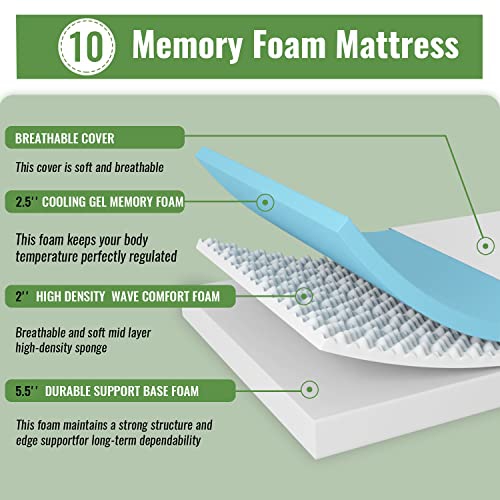 10 Inch Memory Foam Mattress Twin Mattress Wave Comfort Foam Mattress CertiPUR-US Certified,Removable Soft Cover,mattresses for Bed Frame,Bunk