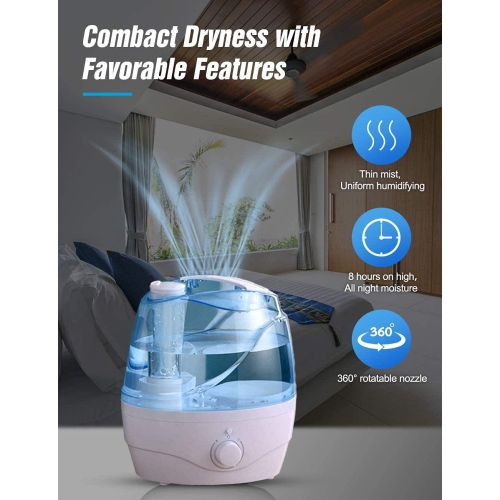 Cool Mist Humidifier, 28dB Quiet BPA-Free Ultrasonic Air Humidifier for Bedroom, Independent Power Adapter, 30H Run Time, 360° Nozzle, Auto Shut Off,
