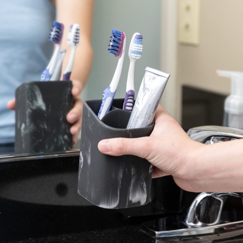 Chic Black Marble Bathroom Must Haves Toothbrush Holder Set - Versatile Black Bathroom Accessories Set - Razors, Makeup, and Tooth Brush Holder