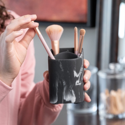 Chic Black Marble Bathroom Must Haves Toothbrush Holder Set - Versatile Black Bathroom Accessories Set - Razors, Makeup, and Tooth Brush Holder