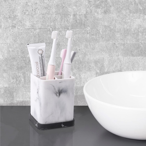 Toothbrush Holder, Countertop Marble Look Electric Toothbrush Toothpaste Makeup Brush Razor Holder Stand Bathroom Organizer with Detachable Tray
