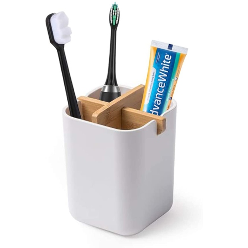 HLD  Bamboo Toothbrush Holder for Bathroom \w 4 Compartments, Electric Toothbrush Holder, Countertop Stand Organizer for Kitchen Utensils Office