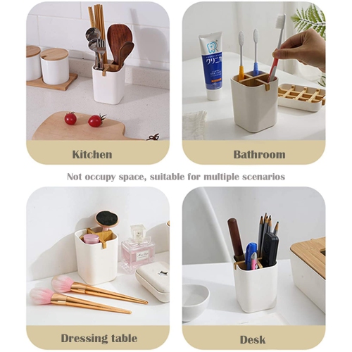 Bamboo Toothbrush Holder for Bathroom with 4 Compartments, Electric Toothbrush Holder, Countertop Stand Organizer for Kitchen Utensils Office