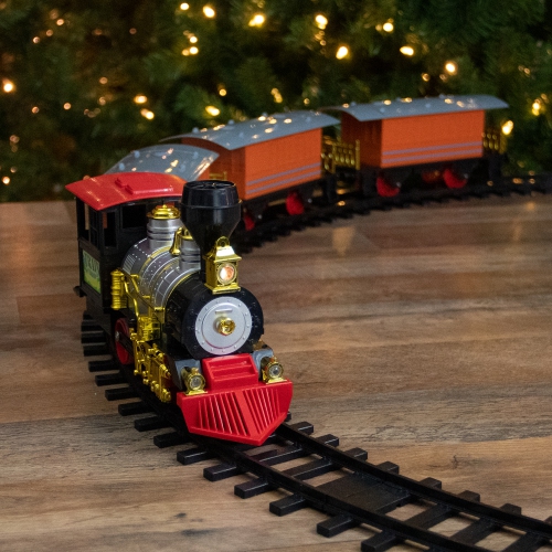 Ensemble de train de Noël animé rouge et orange à piles avec son, 20 pièces