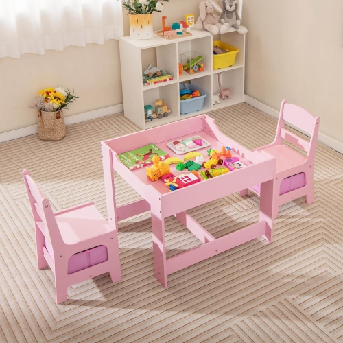 Costway 3 in 1 Wood Activity Table Chair Set w/Storage Box Pink