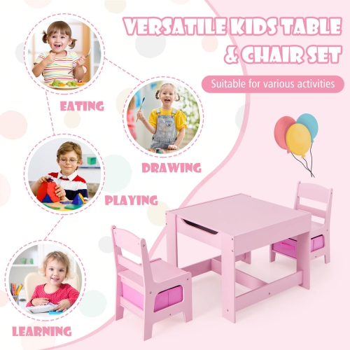 Costway 3 in 1 Wood Activity Table Chair Set w/Storage Box Pink