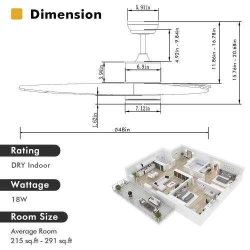 Costway 48 Inch Reversible Ceiling Fan w/ LED Light, Remote Control, 6 Speeds & 8H Timer