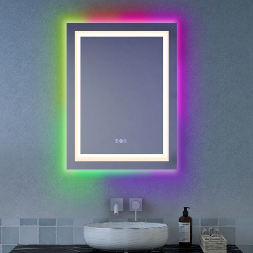 COSTWAY  32" X 24" Bathroom Wall Mirror Makeup Mirror With Colorful Light Anti-Fog