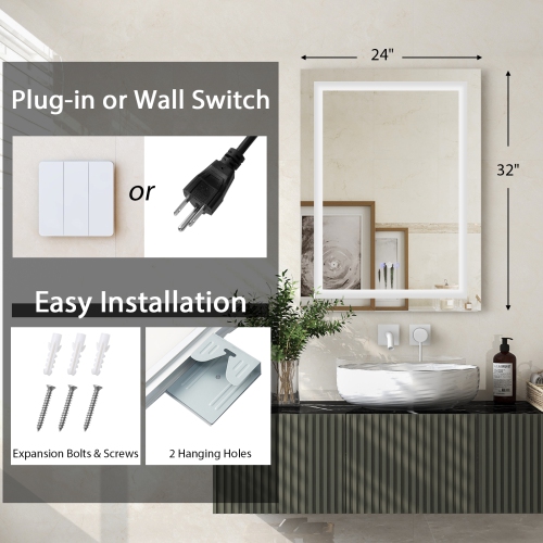 Miroir mural de maquillage pour salle de bain de 32 x 24 po avec fini antibuée coloré de Costway