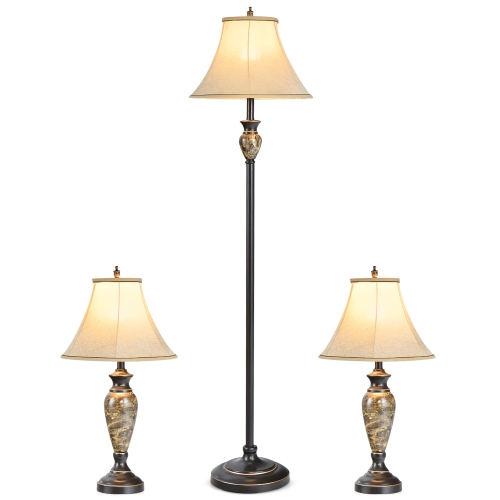 COSTWAY  3-Piece Traditional Style Lamp Set With Linen Fabric Lamp Shades ＆ Weighted Bases