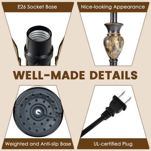 Costway 3-Piece Traditional Style Lamp Set with Linen Fabric Lamp Shades ＆ Weighted Bases