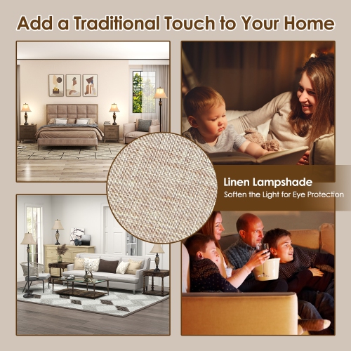 Costway 3-Piece Traditional Style Lamp Set with Linen Fabric Lamp Shades ＆ Weighted Bases