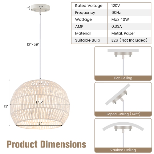 Costway 17.5" Round Paper Pendant Ceiling Light Fixture with Adjustable Hanging Rope