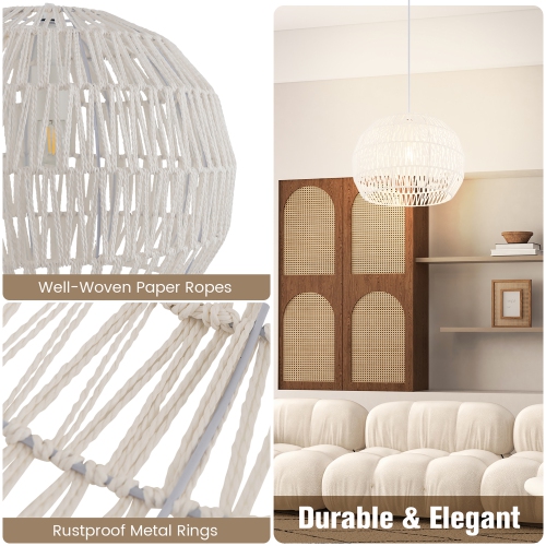 Costway 17.5" Round Paper Pendant Ceiling Light Fixture with Adjustable Hanging Rope
