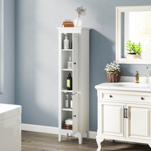 Costway Tall Bathroom Floor Cabinet Narrow Linen Tower with 2 Doors & Adjustable Shelf