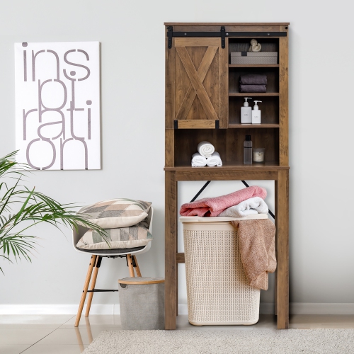 Costway Toilet Storage Rack with Sliding Barn Door & Adjustable Shelves, Rustic Brown