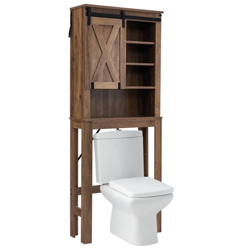 Costway Toilet Storage Rack with Sliding Barn Door & Adjustable Shelves, Rustic Brown