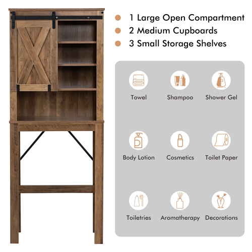 Costway Toilet Storage Rack with Sliding Barn Door & Adjustable Shelves, Rustic Brown