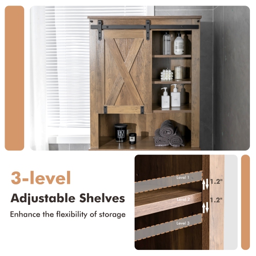 Costway Toilet Storage Rack with Sliding Barn Door & Adjustable Shelves, Rustic Brown