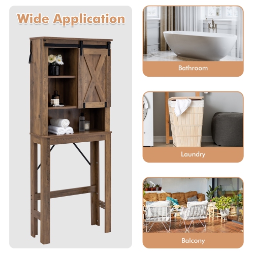 Costway Toilet Storage Rack with Sliding Barn Door & Adjustable Shelves, Rustic Brown