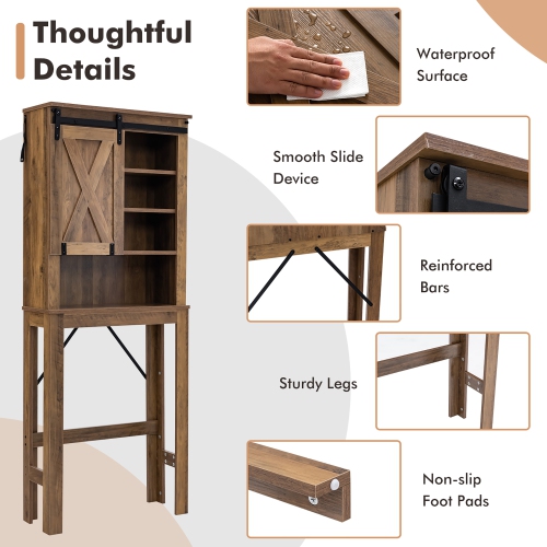 Costway Toilet Storage Rack with Sliding Barn Door & Adjustable Shelves, Rustic Brown