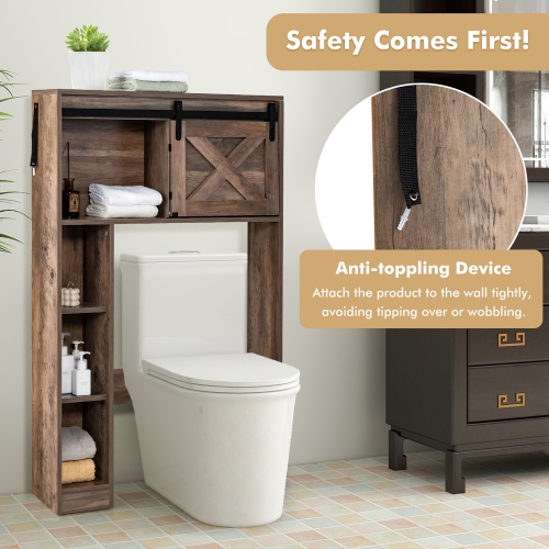 Costway Over the Toilet Bathroom Storage Cabinet with Sliding Barn Door Rustic Brown