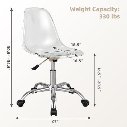 Costway Rolling Acrylic Armless Desk Chair Swivel Vanity Ghost Chair Adjustable Height