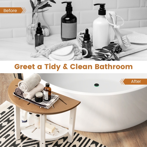 Costway Heavy Duty Waterproof HDPE Semicircular Shower Bench 2-Tier Bath Spa Bench Off White & Brown