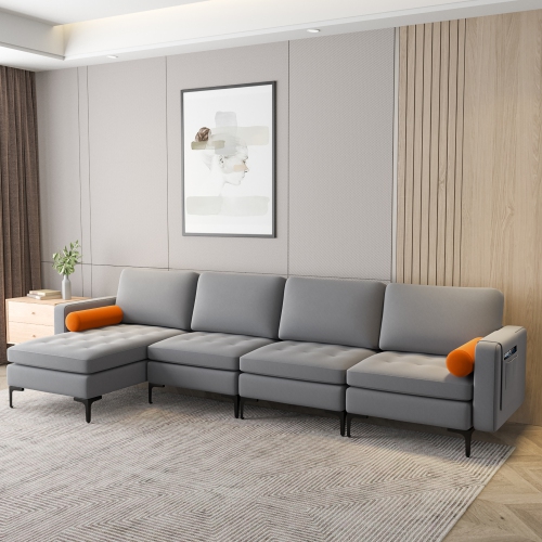 Costway Modular L-shaped Sectional Sofa with Reversible Chaise & 2 USB Ports Ash Grey