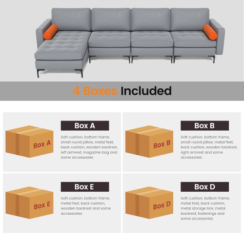 Costway Modular L-shaped Sectional Sofa with Reversible Chaise & 2 USB Ports Ash Grey