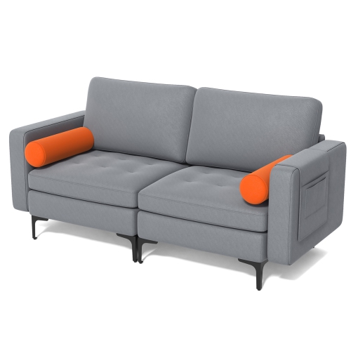 COSTWAY  Modern Loveseat 2-Seat Sofa Couch W/ 2 Bolsters Side Storage Pocket Ash In Grey