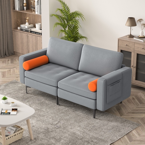 Costway Modern Loveseat 2-Seat Sofa Couch w/ 2 Bolsters Side Storage Pocket Ash Grey